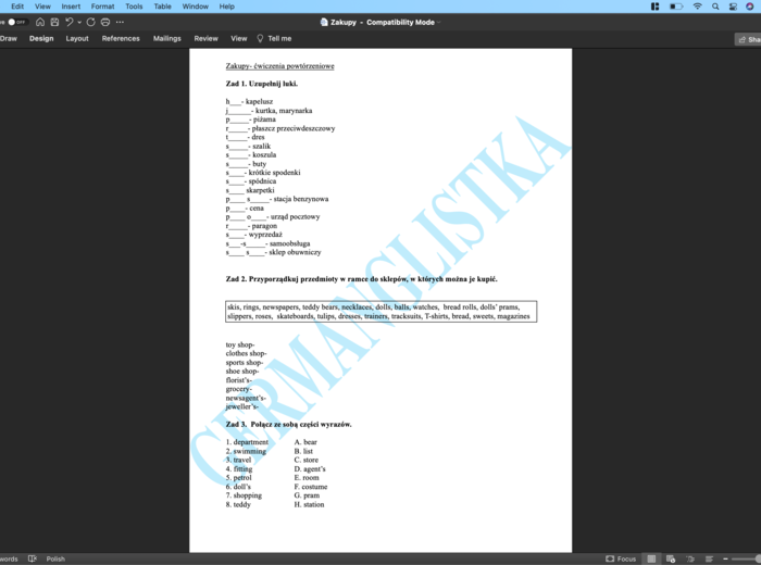 Zakupy- ćwiczenia powtórzeniowe dla ósmoklasistów i nie tylko