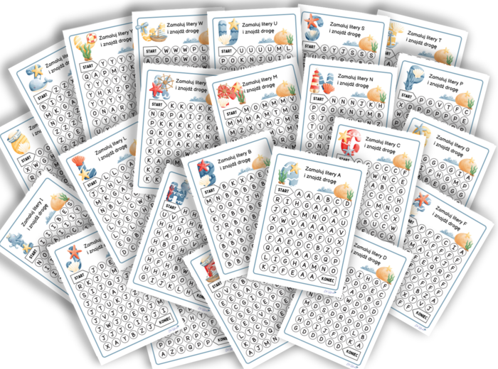 ALFABET - ZNAJDŹ DROGĘ - LITERY 23 kart pracy, rozpoznawanie liter, motoryka mała, grafomotoryka, labirynt, karta pracy, zerówka, klasa 1,