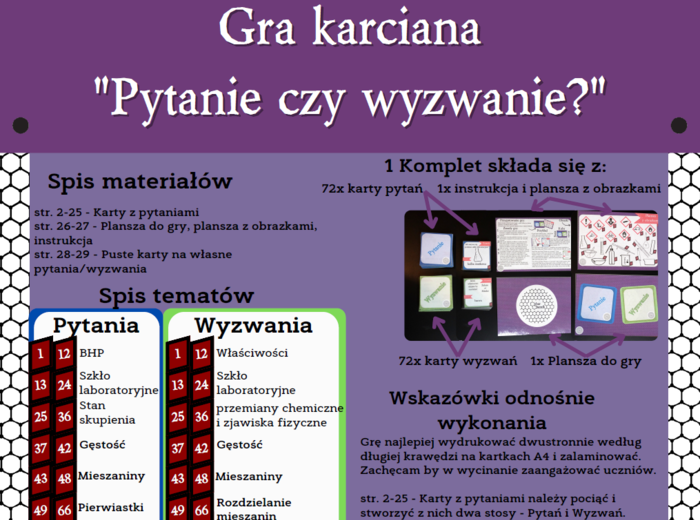 Klasa 7 i 8. Chemia. Gra karciana - "Pytanie czy wyzwanie?"