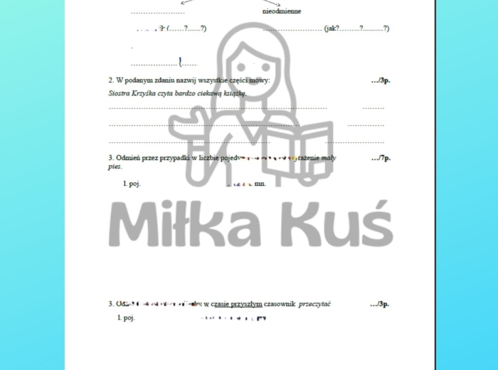 Kartkówka - części mowy + klucz odpowiedzi