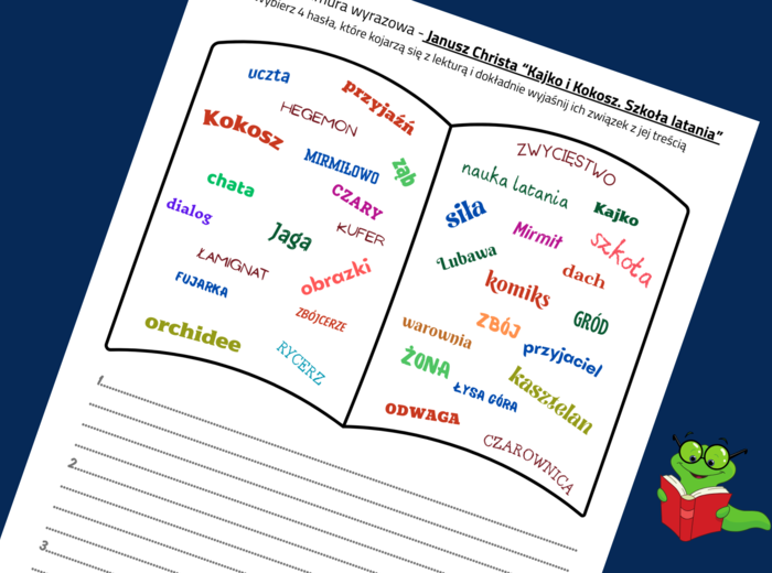 Lekturowa chmura wyrazowa - KAJKO I KOKOSZ. SZKOŁA LATANIA – lektury obowiązkowe – chmura - karta pracy – EGZAMIN – powtórka