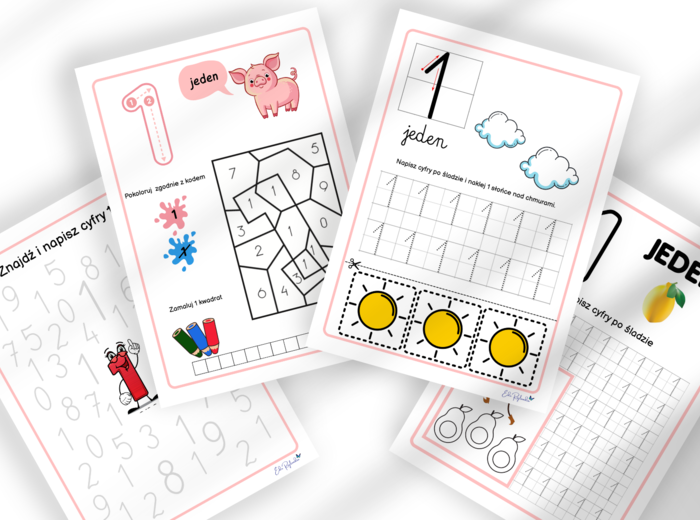 CYFRY 0-9 - ZESTAW - liczby, liczenie, pisanie, poznawanie, grafomotoryka, rozpoznawanie, motoryka mała, karty pracy, zerówka, klasa 1