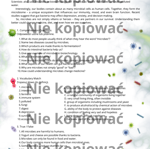 Karta pracy - czytanka "The Secret Life of Microbes" B2 + ćw. Present Perfect v. Past Simple