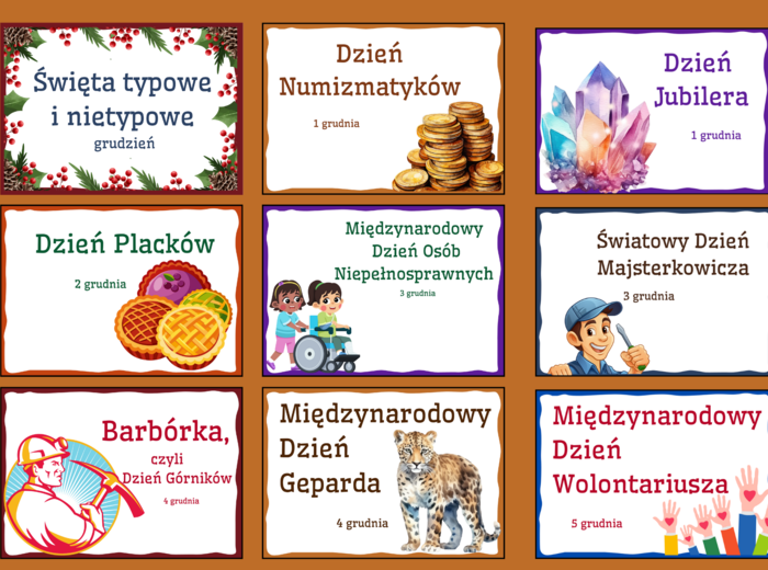 ŚWIĘTA TYPOWE I NIETYPOWE – GRUDZIEŃ – napisy – gazetka – dekoracja – BIBLIOTEKA – świetlica – przedszkole 19 stron