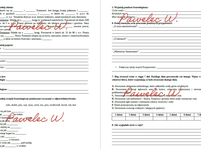 BIBLIA, PRZYPOWIEŚCI, FRAZEOLOGIZMY - karty pracy, sprawdzian + odpowiedzi, kl. 6