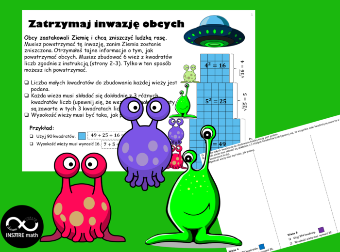 Kwadraty liczb naturalnych i pierwiastki kwadratowe. Potęgi i pierwiastki. Zatrzymaj inwazję obcych.