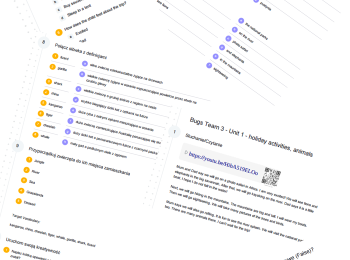 Bugs Team 3 – Unit 1 – karta pracy – holiday activities, animals