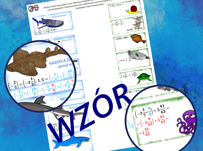 (klasa 7 klasa 8) Wyrażenia arytmetyczne z liczbami dodatnimi i ujemnymi oraz rekinami.