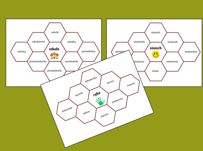 SŁOWOTWÓRSTWO - rodzina wyrazów - układanka - heksy - fiszki - gramatyka - powtórka