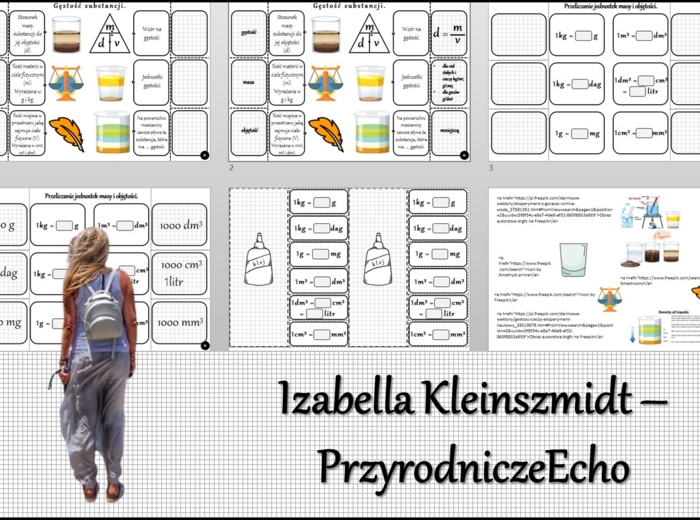 Notatka okienkowa/stacja zadaniowe/notatka/notatka graficzna/karta pracy/sketchnotka „Gęstość substancji”, „Przeliczanie jednostek masy i objętości” w pdf. Chemia 7, dział „Substancje”. Materiał wykonany na podstawie podręcznika z wydawnictwa MAC – nowoś