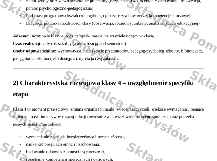 ROCZNY PLAN PRACY WYCHOWAWCY - klasa 4 (DOCX, edytowalny); plan pracy wychowawczej; godziny wychowawcze