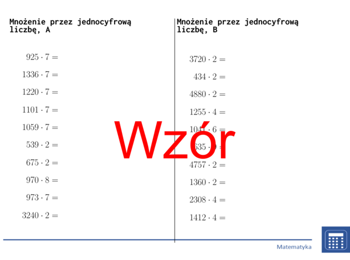 Mnożenie przez jednocyfrową liczbę | matematyka | 26 kolumn