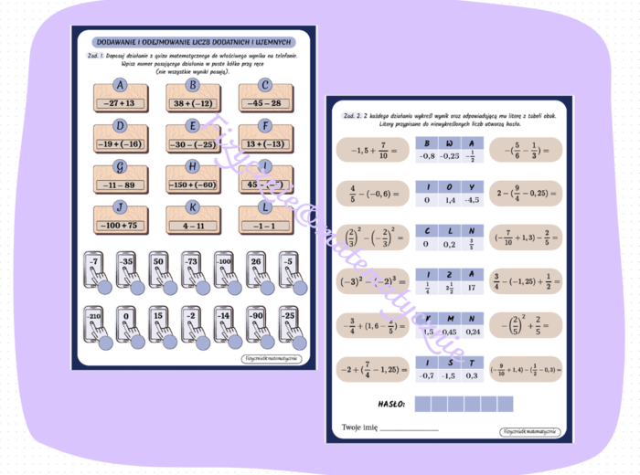 Dodawanie i odejmowanie liczb dodatnich i ujemnych - karta pracy lub kartkówka.