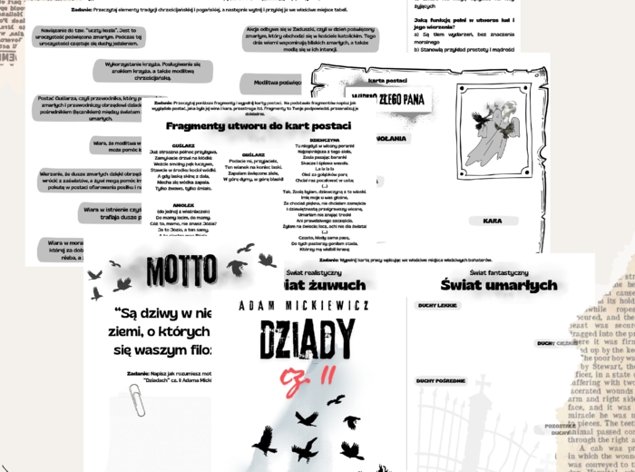 Lekturowe karty pracy "Dziady" cz.II, A. Mickiewicz - kl.7-8