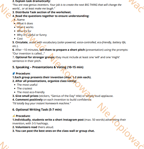 Karta Pracy Super invention pitch - will, might, could A2-B2