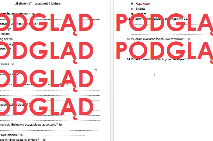 BALLADYNA - kartkówka, test ze znajomości lektury