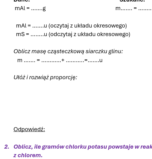 Kartkówka/karta pracy Obliczenia stechiometryczne