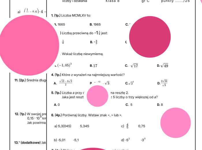 Sprawdzian. Liczby i działania. Klasa 8. GWO