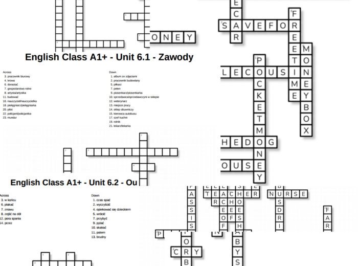 English Class A1+ – Unit 6 – krzyżówki – Zawody/Out of class/6.3&6.4/Prace domowe
