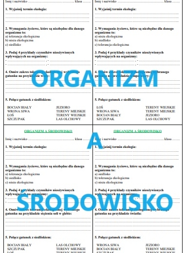 ORGANIZM A ŚRODOWISKO - KARTKÓWKA