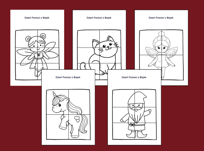 DZIEŃ POSTACI Z BAJEK – biblioteka – świetlica – przedszkole - UKŁADANKA - układanki - puzzle - kolorowanka - 10 szt.