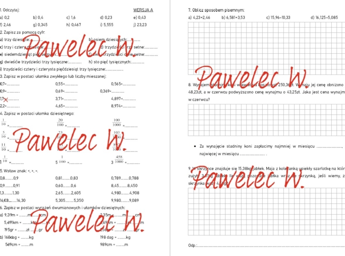 UŁAMKI DZIESIĘTNE - sprawdzian z całego działu kl. 6  - 2 wersje/grupy