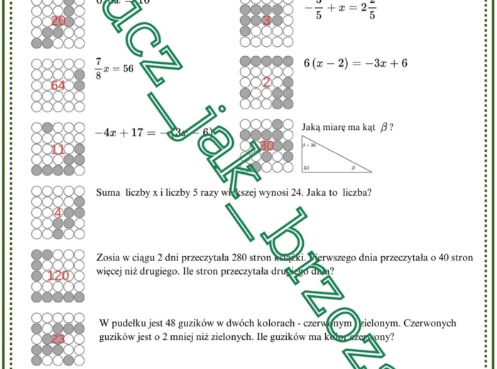 Równania, rozwiązywanie zadań z treścią, kodowana karta pracy, praca indywidualna, klasa 7 i 8