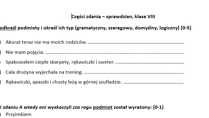 Sprawdzian z zakresu części zdania (klasa 7/8)