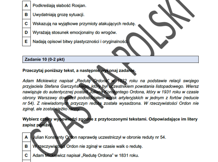 "Reduta Ordona" – test czytania ze zrozumieniem