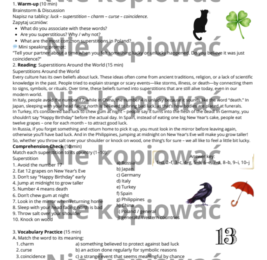 Karta pracy z czytanką Superstitions Around the World B1+/B2