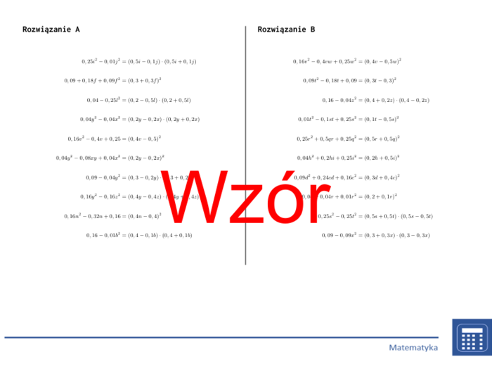 Wzory algebraiczne, rozkład (liczby dziesiętne) | matematyka, algebra | 26 kolumn