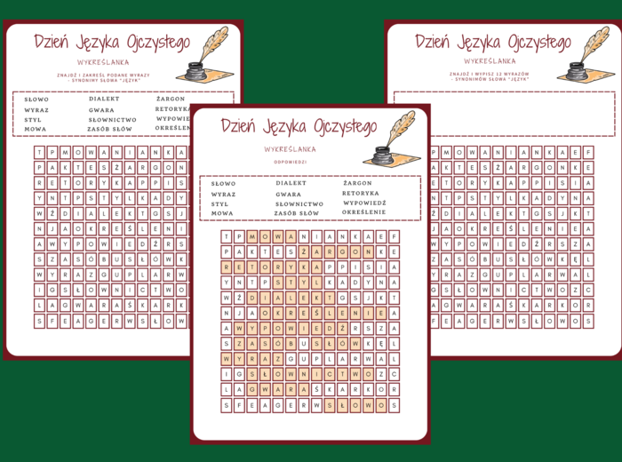 DZIEŃ JĘZYKA OJCZYSTEGO – wykreślanka – karta pracy - biblioteka - świetlica - język polski