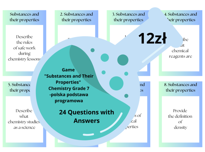 Chemia. Klasa 7. Gra dydaktyczna. Substancje i ich przemiany. Wersja po angielsku. Pytania i odpowiedzi. Powtórzenie wiadomości.