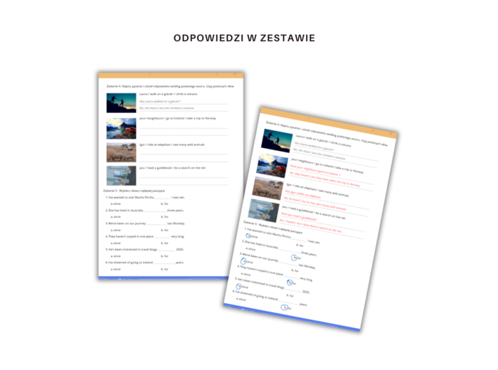 Karty pracy gramatyczno-leksykalne Podróże i doświadczenia Present Perfect w tym zadanie na since for just already yet bucket list klasa 6, 7 Poziom A2