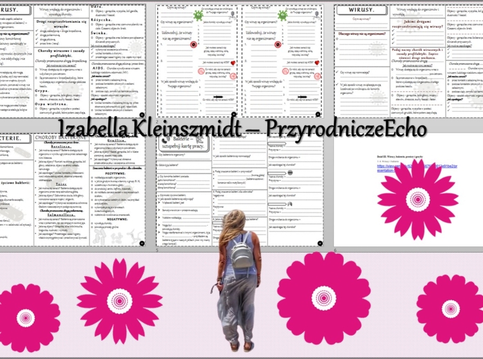 Minizestaw do tematu „Wirusy i bakterie” – sketchnotka + karta pracy w pdf + gratisowy link do prezentacji multimedialnej niekomercyjnej wykonanej w genial.ly do indywidualnego pobrania i użycia do celów niekomercyjnych. Biologia 5, Dział „Wirusy, bakter
