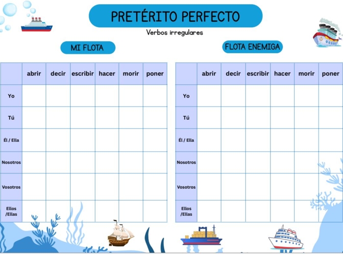 Gra w statki - plansze do gry z hiszpańskimi czasownikami (czasy przeszłe)