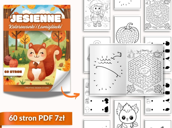 🍁 Jesienne Kolorowanki i Łamigłówki – 60 stron zabawy! 🍁💚