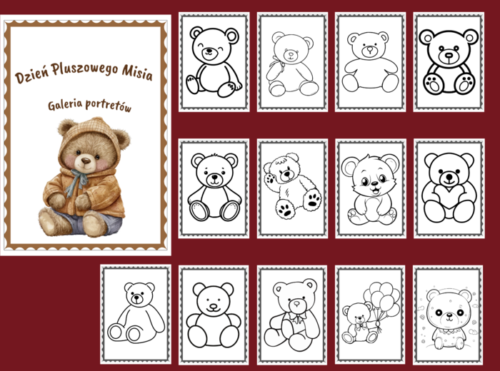 DZIEŃ PLUSZOWEGO MISIA – Galeria portretów - kolorowanka - kolorowanki – biblioteka – świetlica – przedszkole – 24 wersje