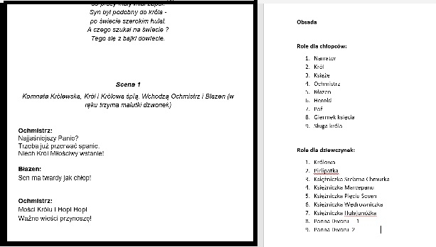 Scenariusz przedstawienia " Księżniczka na ziarnku grochu" wg utworu Jana Brzechwy (pisany wierszem)