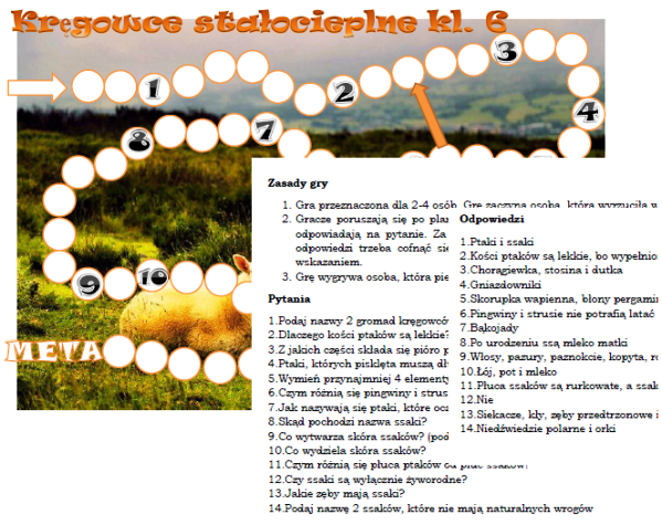 Kręgowce stałocieplne - gra planszowa dla klasy 6 na powtórzenie wiadomości