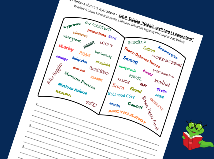 Lekturowa chmura wyrazowa - HOBBIT, CZYLI TAM I Z POWROTEM – lektury obowiązkowe – chmura - karta pracy – EGZAMIN – powtórka