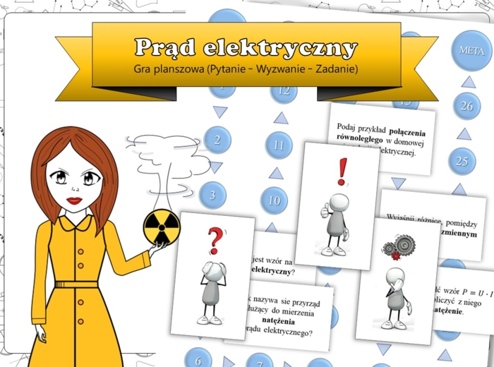 Klasa 8 Fizyka. Prąd elektryczny. Gra planszowa - Pytanie-wyzwanie-zadanie! Gra. Zabawa. Praca grupowa. Powtórzenie wiadomości. MOC powtórki.