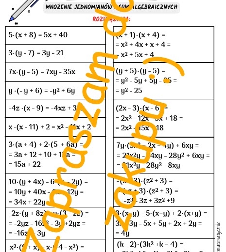 Wyrażenia algebraiczne - mnożenie jednomianów i sum algebraicznych. Karta pracy lub kartkówka.