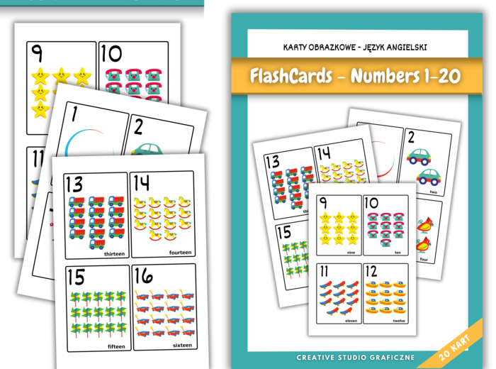 Karty Edukacyjne FLASHCARDS - Nauka Liczb Po Angielskiego. Liczby 1-20