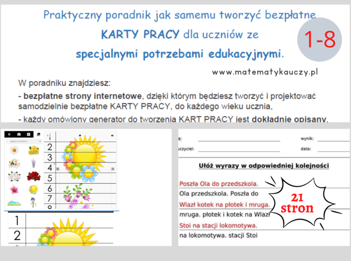 PRAKTYCZNY PORADNIK "Jak samemu TWORZYĆ bezpłatnie KARTY PRACY" dla uczniów z SP i SPE / 21 stron PDF