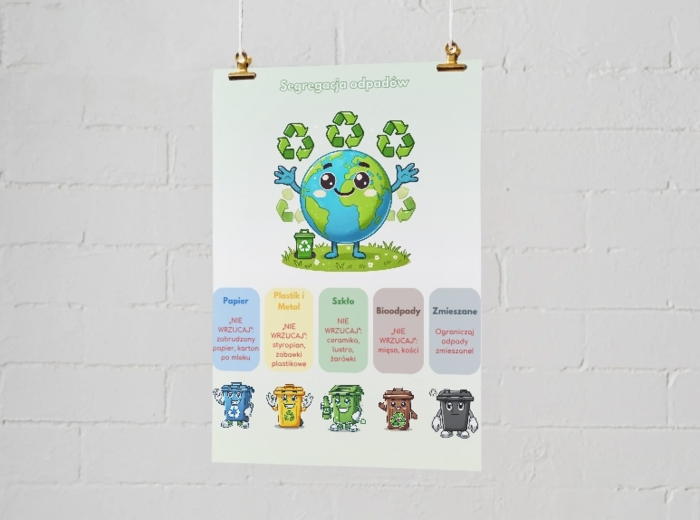 Infografiki na temat segregacji odpadów, oszczędzania wody i energii.