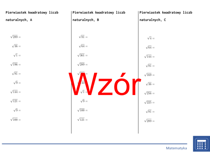Pierwiastek kwadratowy liczb naturalnych | matematyka | 26 kolumn