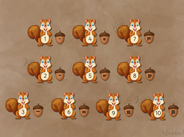 Liczenie do 10 - wiewiórki i żołędzie