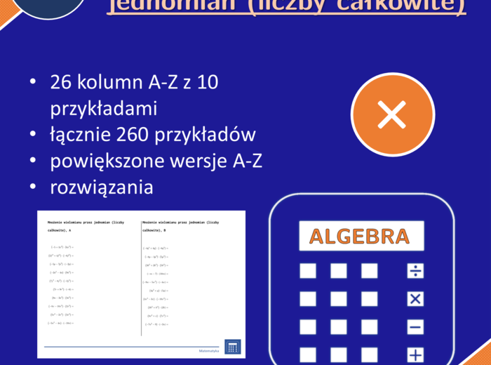 Mnożenie wielomianu przez jednomian (liczby całkowite) | matematyka, algebra | 26 kolumn