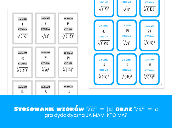 Matematyka. Pierwiastek z potęgi. Gra dydaktyczna. Ja mam. Kto ma. Szkoła ponadpodstawowa